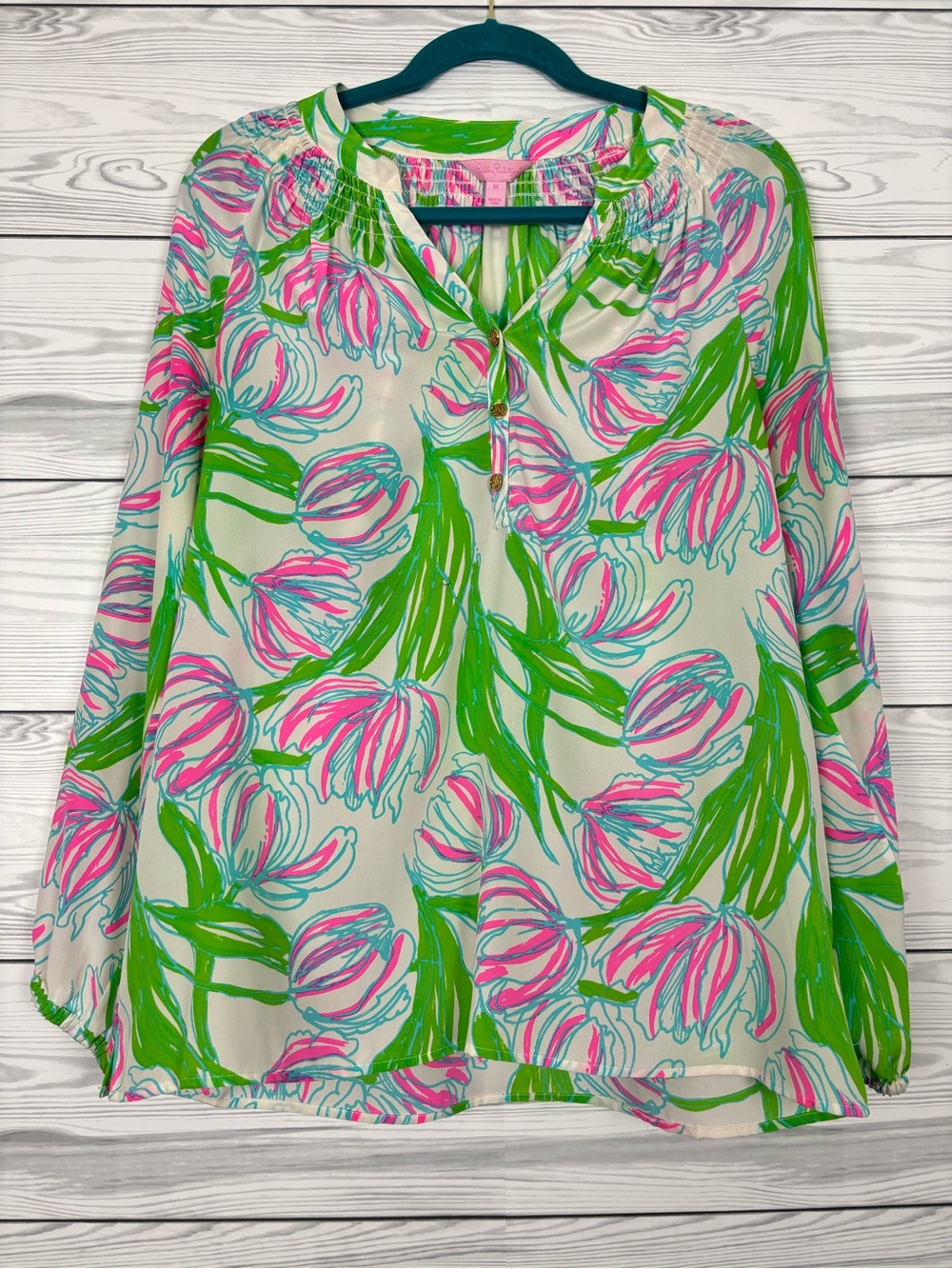 Lilly Pulitzer Elsa silk blouse houston ring the bellboy print size medium